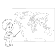 página para colorir: Professor de menino no mapa do mundo na aula de geografia