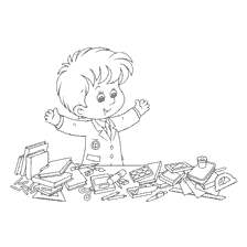 página para colorir: Um desenho de um rapaz a recolher uma mala para uma escola