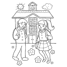 página para colorir: Crian&ccedil;as com mochilas na escola no Dia do Conhecimento