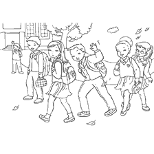 página para colorir: Os alunos v&atilde;o para a escola apreciando o Dia do Conhecimento