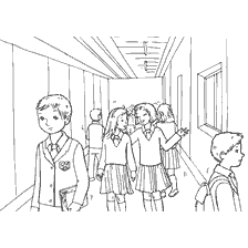 página para colorir: Desenho de estudantes durante uma mudan&ccedil;a no corredor da escola