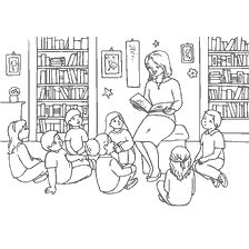 página para colorir: Professor e crian&ccedil;as em classe, lendo um livro