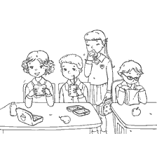 página para colorir: Crian&ccedil;as no caf&eacute; da manh&atilde; escolar em 1 de setembro