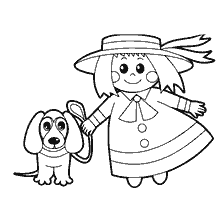 раскраска: Милый рисунок девочки, держащей собаку на поводке.