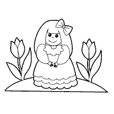 раскраска: Смешная раскраска нарядной девочки среди цветов