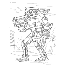 kleurplaat: Robo-infantry tekenen met wapens tegen de achtergrond van de verwoeste stad