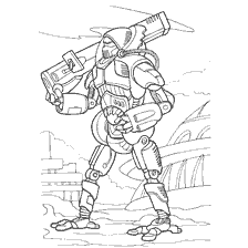 kleurplaat: Foto van een cyborg met een raketwerper tegen de achtergrond van een futuristisch landschap