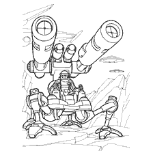 kleurplaat: Kleuroplossing met step stereo en soldaat tegen de achtergrond van een futuristisch landschap