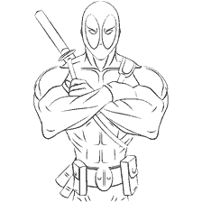 pagina da colorare: Deadpool con una spada sullo sfondo
