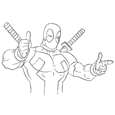pagina da colorare: Deadpool con spade che mostrano pollici su gesto