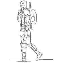 pagina da colorare: Deadpool su un libro colorante, in piedi con uno zaino e un gesto alle labbra