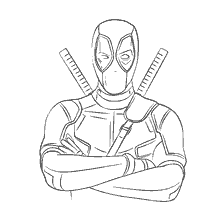 pagina da colorare: Deadpool con braccia incrociate e spade sulla schiena