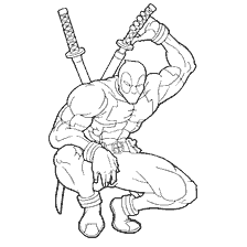 pagina da colorare: Deadpool in colorazione, in posa con spade