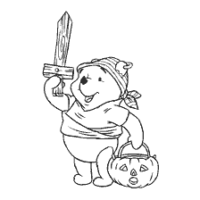 página para colorir: Urso Winnie no traje de Halloween com abóbora e espada