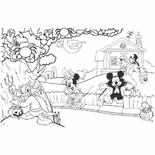 página para colorir: Mickey Mouse e seus amigos celebram o Halloween coletando doces em trajes