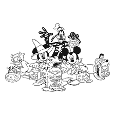 página para colorir: Mickey Mouse e seus amigos celebram Halloween.