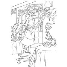 página para colorir: Diana decora o quarto para o Halloween com abóboras e decorações