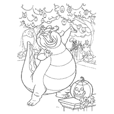 página para colorir: Dragão no Halloween com abóbora e lanternas