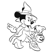 página para colorir: Minnie Mouse em traje de bruxa com balde de abóbora