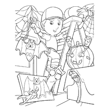 página para colorir: Manny habilidoso com ferramentas se prepara para o Halloween, cercado por morcegos e uma web