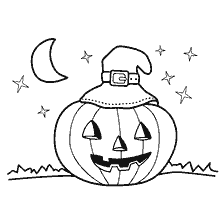 página para colorir: Abóbora para Halloween com um chapéu, um mês e estrelas no fundo