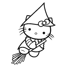 página para colorir: Imagem colorida com a Kitty de Halloween em uma vassoura