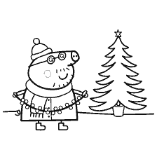 coloring page: Papa Pigs with a garland at the Christmas tree