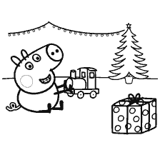 coloring page: Peppa Pig plays with train at Christmas tree