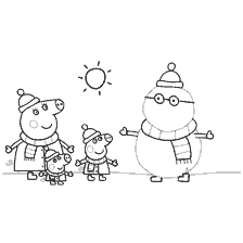 coloring page: Peppa pig with friends and snowman in the background of the sun