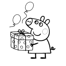 coloring page: Peppa Pig holds a gift and balloons