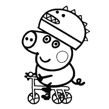 coloring page: Peppa George on a bicycle with a dinosaur helmet