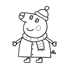coloring page: Mother Pig in winter clothes with scarf and hat