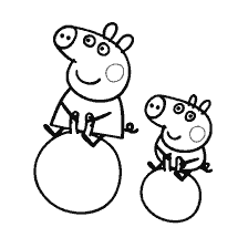 coloring page: Peppa and George jump on gymnastic balls
