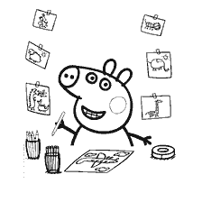 coloring page: Peppa Pig at the table with drawings and markers