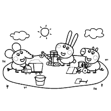 coloring page: Peppa Pig, Richard Rabbit and Edmont Elephant Play Outside
