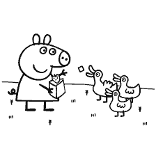 coloring page: Peppa Pig feeds ducks