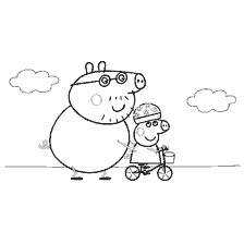 coloring page: Peppa Pig and Papa Pig on a bicycle