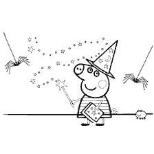 coloring page: Peppa in a wizard's hat with a magic wand and spiders around