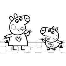 coloring page: Peppa and George with toothbrushes