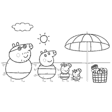 coloring page: Peppa Pig family enjoys day on the beach