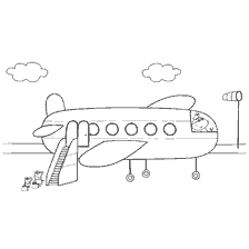 coloring page: Peppa Pig climbs the plane from the stairs, next to her friends.
