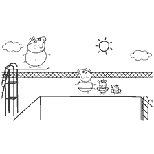 coloring page: Peppa Pig and her friends at the pool