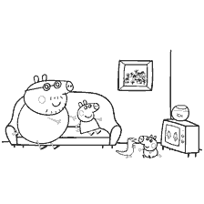 coloring page: Peppa Pig family sits on couch in front of TV