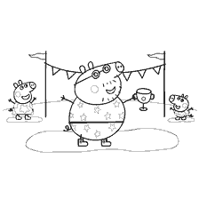coloring page: Peppa Pig with Cup, surrounded by friends in competition