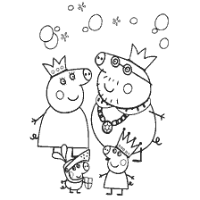 coloring page: Peppa Pig family in royal crowns and outfits surrounded by bubbles