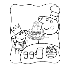coloring page: Peppa Pig and Grandma Pig with a treat on the table
