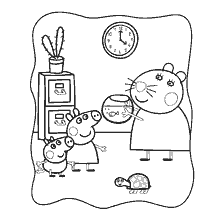 coloring page: Peppa Pig and Doctor Hamster with Turtle and Aquarium