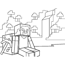 kleurplaat: Het karakter van Minecraft ligt tegen een bos en een berg