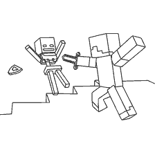 kleurplaat: Steve vecht met skelet in Minecraft spel