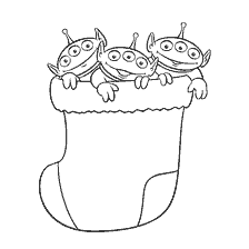 página para colorir: Tr&ecirc;s personagens bonitos da Disney sorrindo de uma meia de Natal